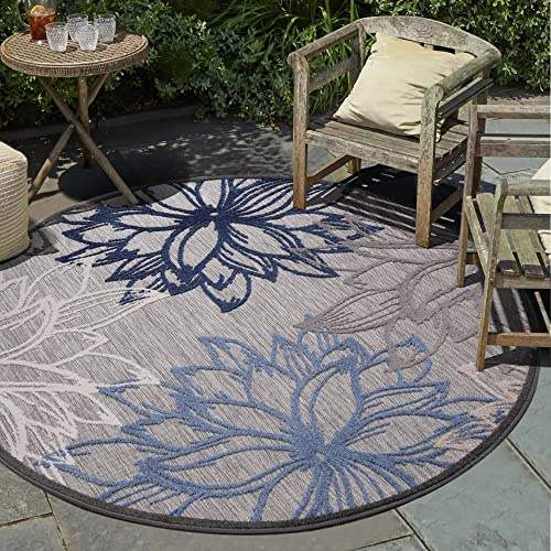 Impression Outdoor Teppich Wetterfest - Balkon Teppich Wasserabweisend - Grau-Blau, 150 cm Rund