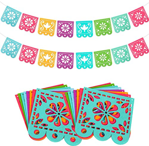 Qpout 2 Mexikanische Party Dekoration Banner, Filz Cinco de Mayo Dekorationen Banner, Tag der Toten Dekor Papel Picado Banner,Dia De Los Muertos Girlanden, Fiesta Geburtstag Fahnen