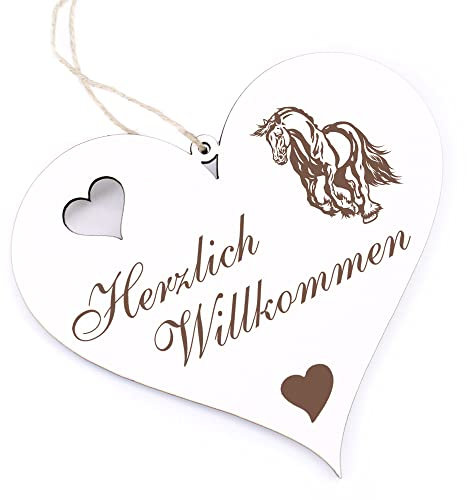 Herzlich Willkommen Schild - Friese Pferd - Deko Herz Holz Willkommensschild Türschild Dekoschild Türdeko