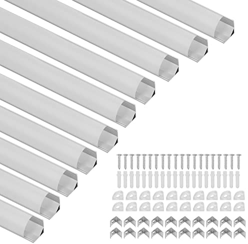 Tubiaz LED Aluminium Profil, V-Form LED Profil 10x1m, LED Aluminium Leiste Profil, LED-Kanäle für LED Streifen(bis 11mm Breit) inkl. Abdeckungen in milchig-weiß, Endkappen, und Montagematerial