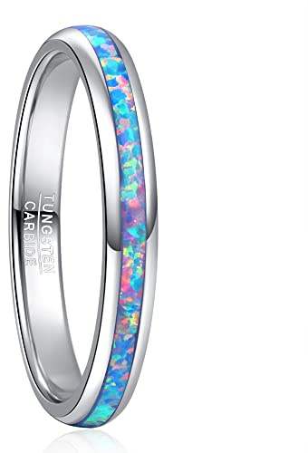 Cloyo 3mm Blue Created Opal Rings for Women Silver Tungsten Carbide Wedding Engagement Bands Comfort Fit Size J 1/2 - T 1/2