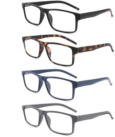Yuluki 4 Pack Reading Glasses Blue Light Blocking, Lightweight Rectangle Frame Mens Womens Computer Readers with Spring Hinge +1.25