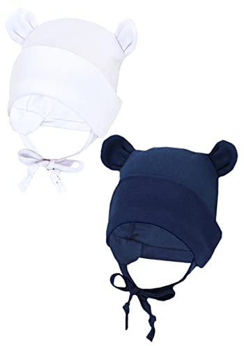 TupTam Baby Erstlingsmütze mit Ohrenklappen 2er Pack, Farbe: Weiß/Dunkelblau/mit Ohren, Größe: 50-56