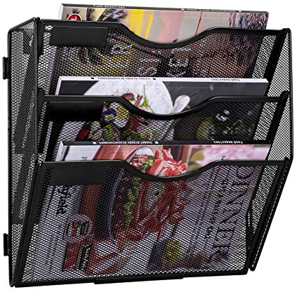 TQVAI 3 Compartiments Métal Porte Revue Mural Porte Documents A4 Organisateur De Bureau Rangement Papier Dossier Suspendus, Noir