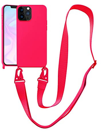 VooDirop Compatible with iPhone 13 Pro Max Case Crossbody Phone Case with Strap Neck Lanyard Adjustable Shockproof Drop Protection Silicone Phone Cover for iPhone 13 Pro Max, 6.7’’ Neon Pink