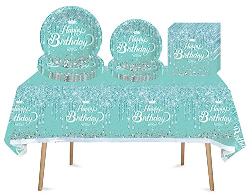 41Pcs Teal Shiny Glitter Birthday Party Tableware Decorations for Girls,Kids,Women Birthday-Disposable Party Tableware Set Teal Sliver Party Table Cloth,7inch,9inch Paper Plates,Napkins for Her Party