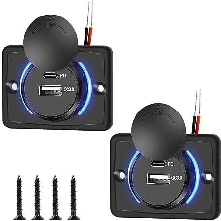Prise USB 12V, 4.8A Prise de Chargeur de Voiture Double USB, QC&PD 3.0 USB C Charge Rapide Prise USB Voiture Étanche pour Marine, Camion, Camping Car (2 Pièces)