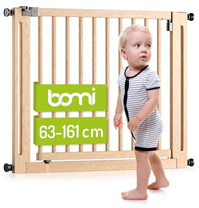 BOMI Tuerschutzgitter Miko PEFC Buchenholz | Ohne Bohren |für Babys, Kleinkinder & Tiere | 90° Feststell-Funktion | Gitter Schutz schwarz für Kinder ohne Bohren | Klemmgitter | Breite: 133-141 cm