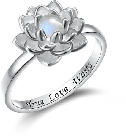 Mondstein Lotus Ring, Sterling Silber True Love Waits Graviertes Lotus Blume Fidget Ring Natürlicher Heilender Buddha Spiritueller Yoga Schmuck Geschenke für Frauen (59 (18.9))