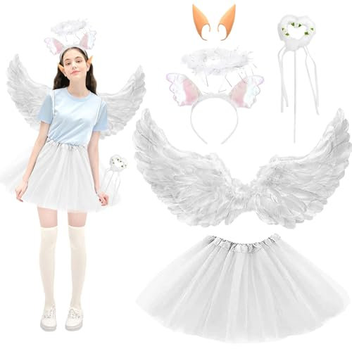 Disfraz de alas de ángel blanco,con Alas de Angel,Halo blanco,Varilla de ángel,Orejas de elfo,Falda de tul blanca,Alas de ángel para niños y mujeres,Disfraz Accesorios para Carnaval Cosplay Fiesta