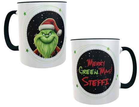 Kilala Weihnachtstasse mit Motiv Merry Grinschmas! in Schwarz, Kaffeebecher mit lustigem Spruch, Weihnachtsmuffel Kaffeetasse, Glühweinbecher als Wichtelgeschenk oder zu Weihnachten