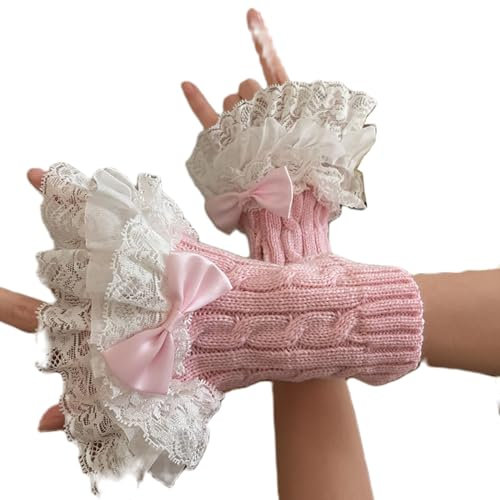 Baynoyia Lolita Fingerlose Handschuhe aus Netzstoff für Damen, Gothic, Fliege, Armstulpen, Y2K, Tüll, lange Handschuhe, Brautschmuck, Abschlussball, Handgelenkmanschette, Rosa gestrickt, Einheitsgröße