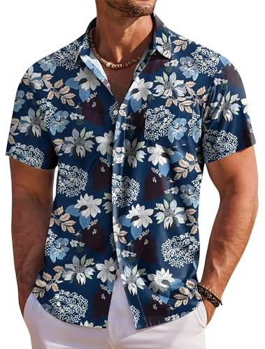 COOFANDY Hemd Herren Kurzarm Bügelfrei Hawaii Hemd Sommer Strand Hemd Kurzarmhemd Freizeithemd Regular Fit Blau-Blume M
