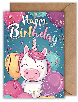 WBdesignz Geburtstag Karte mit Umschlag - Einhorn Geburtstagskarte Mädchen Happy Birthday Glückwunschkarte zum Geburtstag Kinder (DIN A6)