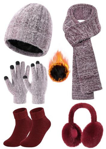 Svanco Mütze, Schal & Handschuh-sets für Damen, Wintermütze mit Fleece+Touchscreen Handschuhe+Langer Schal+Winddichte Ohrenschützer+Strick Socken