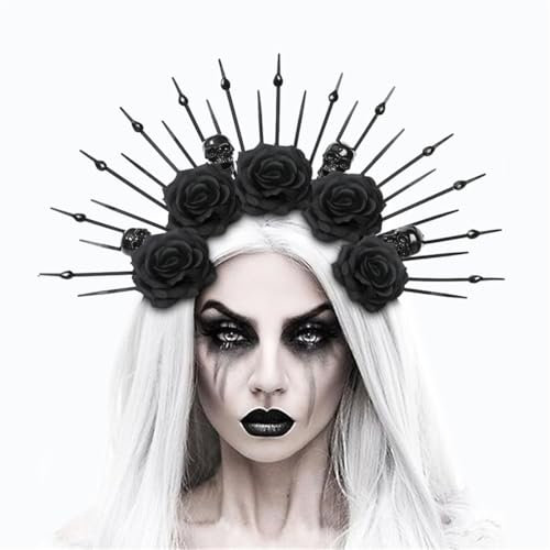 SWOAMER Halloween Totenkopf Haarschmuck Schwarze Rosen Gothic Spiked Blumen Kopfschmuck Fasching Cosplay Hexen Haarreif
