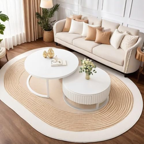 Srklnvcxel Mesa De Centro Redonda 2 en 1 Blanca 50+70cm - Juego De 2 Mesas Con Cajones, Losas De Roca y Patas De Metal - Mesa Auxiliar Nido Para Salón, Dormitorio, Oficina