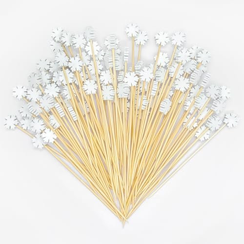 Alethron Spieße Fingerfood, 100 Stück Schneeflocke Hölzerne Cocktailspieße, 12 cm Partyspieße Cocktail Zahnstocher Sticks Spiesse für Snacks Fingerfood Weihnachtsparty Essen Trinken Dekoration