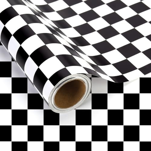 Welpurch Geschenkpapier mit schwarzem Karomuster, Mini-Rolle, 43,2 cm x 100 m, schwarz-weiß, kariertes Muster, Geschenkpapier für Rennwagen, Geburtstagsparty, Hochzeit, Babyparty