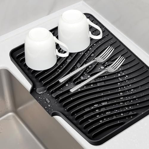 Alfombrilla Escurreplatos de Silicona Antideslizante,Tapete para Secar Platos Resistente al Calor,Alfombrilla de Secado para Cocina,Escurridor Fregadero,Drenaje Plegable para Vajilla(40x33cm ,negro)