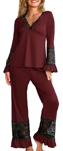 crazy bean Pigiama Donna Manica Lunga e Pantaloni Maglietta Scollo a V | Maniche Lunghe in Pizzo con Volant, Due Pezzi Leggero Elegante, per Primavera Autunno Inverno