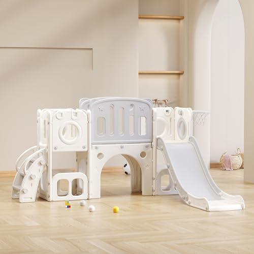 Merax Rutsche & Kletterspielzeug für Kinder, 6 in 1 Kinderrutsche, Basketballrahmen, Klettern, Bohrspiel, Stauraum, Kinder Spielplatz Gartenrutsche für In- und Outdoor, Baby Schloss Set, Weiß+Grau