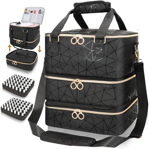 Nail Polish Organizer Bag Holds 84 Bottles & Nail Lamp, 3 Layers Nail Kit Storage Carrying Case Pu Leather, Large Nail Supplies Organizer With Shoulder Strap, Portable Travel Nail Bag For Nail Tech