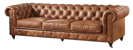 Pemberly Row Top Grain Leather Fully Assembled Chesterfield 95 Leather Sofa in Light Chestnut, Full-Size Living Room Seating, Upholstered Leather Sofa for Home or Office Use