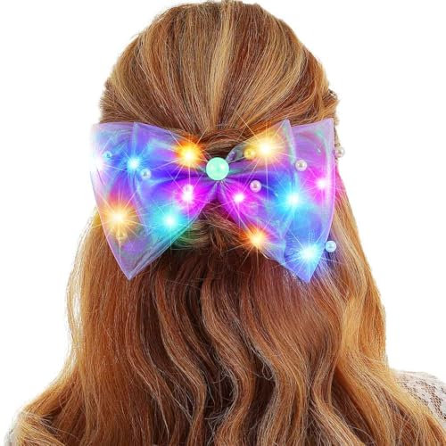Reaky Light Up Hair Clips Led Bow Clip Pearl Hair Barrettes Hair Accessories for Women (Purple)