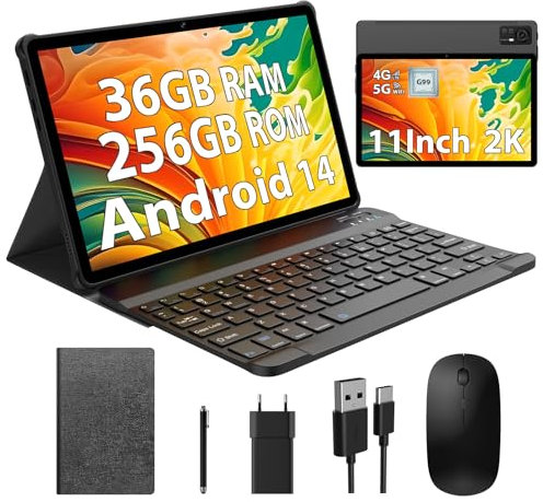 BEYNIVAN Tablette 11 Pouces Android 14 tablettes tactiles Con 4G LTE /5G WiFi, 36GB RAM+256GB ROM,9580mAh,Face ID,TÜV,GMS,GPS,BT5,Tablette avec Clavier détachable,Noir