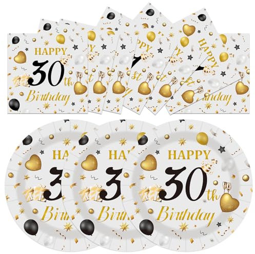 50PCS 30th Birthday Plates and Napkins, 7 Inch Premium Grey and Gold Happy Birthday Plates and Napkins Disposable Tableware Set Party Decorations 30 Year Old Birthday's Party Decor Women Men Her Him