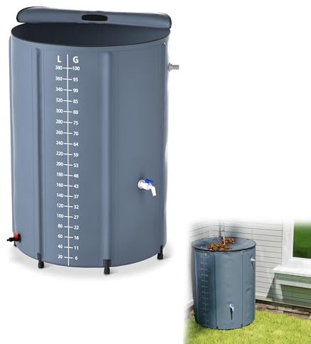YRHome 380 Liter Faltbare Regentonne Regenwassertonne Regenwassertank UV-stabil & witterungsbeständig Mit Überlaufschutz & seitlicher Skala Kompakt für Garten, Balkon, Camping Anthrazit