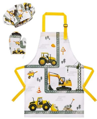 WERNNSAI Delantal Infantil Camión Impermeable con Gorro Chef y Guantes para Niñas y Niños 2-5 Años - Delantal Ajustable con Bolsillo para Cocinar, Pintar y Hornear - Talla XS