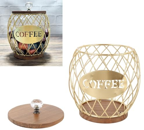 Miskall Stainless Steel Coffee Pod Basket, Fruit Shaped Wooden Base Lid | Home Decor for Counter Coffee Station Organizer Coffee Bar Accessories (Gold)