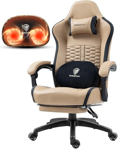 Dowinx Gaming Stuhl mit fußstütze, Gaming Chair Ergonomic Massage-Lendenkissen, Gamer Stuhl Massagefunktion 150 kg Belastbarkeit, Gaming Sessel Ergonomischer, Bürostuhl Stoff, Braun