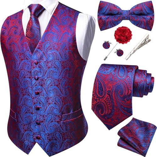 Barry.Wang Men's Red Blue Waistcoat Tie Bowtie Set Hanky Cufflinks Clip