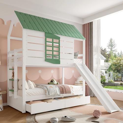 Gelukueub 90X200 Haus-Etagenbett mit Rutsche und 2 Schubladen, Weiß+Grün