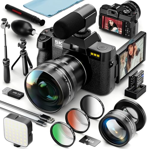 5K-Digitalkamera für Fotografie & Vlogging – 64 MP, 180°-Flipdisplay, 2 Akkus, 64 GB TF-Karte, 16-facher Zoom, WLAN, 3 Farbfilter, Mikrofon, Stativ & Weitwinkel-/Makro-Objektiv-Kit(Schwarz)