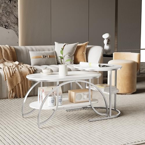BRILVERDE Couchtisch 2er Set,Moderne Wohnzimmertisch mit Stauraum,Marmor-Optik,Metallrahmen,Oval Beistelltisch,für Wohnzimmer Schlafzimmer Balkon (Silber-6)