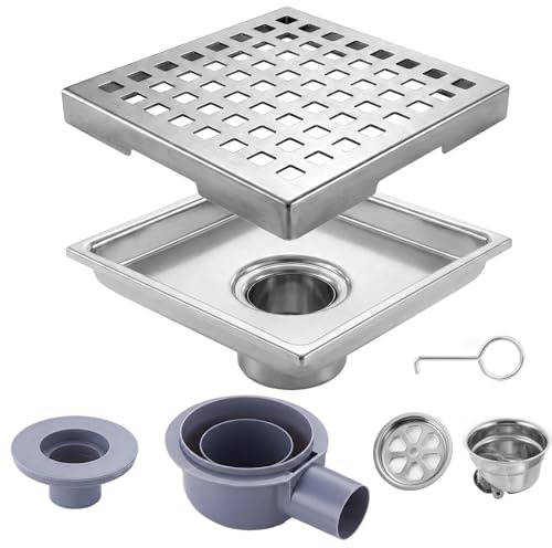 Aeroflexa Quadratischer Duschablauf,304 Edelstahl Duschrinne,15 * 15cm bodenablauf mit abnehmbarem quadratischem Rost,2-in-1 bodenablauf dusche Haarsieb,geeignet für Badezimmer,Küche,Balkon