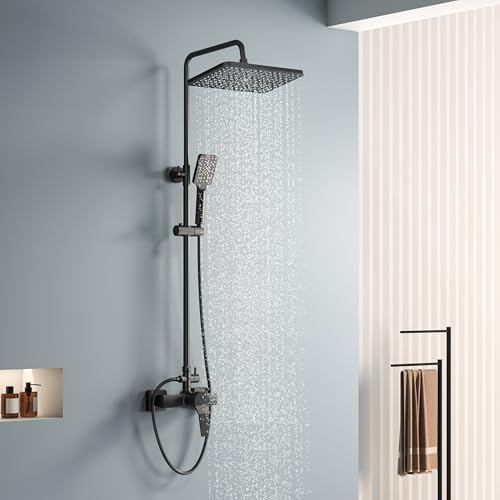 KOMIRO 29x19cm Colonne de Douche Noir avec Mitigeur Monocommande, Carré | Colonne de Douche Réglable en Hauteur, Douchette et Pommeau de Douche, Ensemble de Douche pour Salle de Bain