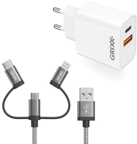 GRIXX USB-C Schnellladegerät Bundle 20W + 3 in 1 Ladekabel – USB-C, Lightning & Micro USB – Power Delivery – Geeignet für iPhone, Samsung & Smartphones