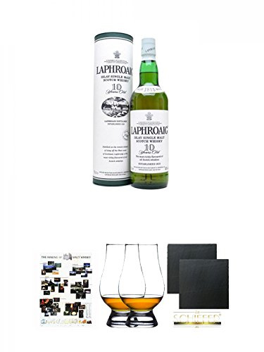 Laphroaig 10 Jahre Islay Single Malt Whisky 0,7 Liter + Poster The Making of Malt Whisky DIN A1 + The Glencairn Glass Whisky Glas Stölzle 2 Stück + Schiefer Glasuntersetzer eckig ca. 9,5 cm Ø 2 Stück