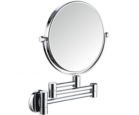 DEUSENFELD K723C - Doppel Wand Kosmetikspiegel, Rasierspiegel, Schminkspiegel, 3-Armig, 7X Vergrößerung + Normalspiegel, Ø20cm, 360° schwenkbar, 44,2cm, verchromt