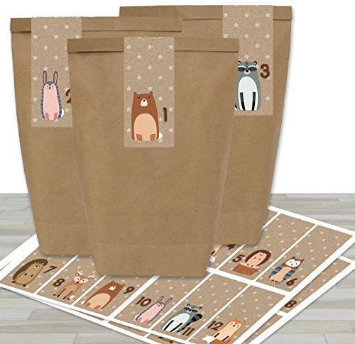 Papierdrachen Adventskalender zum Befüllen - mit 24 braunen Papiertüten und 24 Waldtier- Aufklebern - zum Selbermachen und Basteln - Mini Set Nr 34 - Weihnachtskalender für Kinder