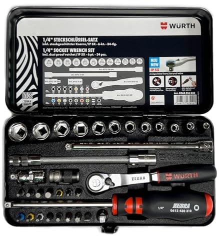 WÜRTH Knarrenkasten Staubgeschützt / biegsame Verlängerung 34tlg 1/4Zoll