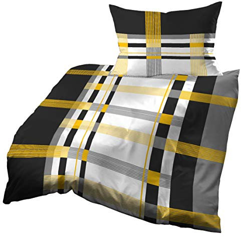 Gerald Wittmann Bettwäsche 155x220 cm + 80x80 cm, Baumwolle Mako Satin, Kariert Schwarz Gelb Grau Weiß