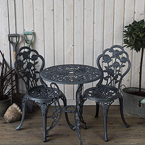Lazy Susan London Rose Round 2 Seater | Cast Aluminium Garden Furniture Set | Weatherproof | Maintenance Free | Matching Bistro Chairs | 3 Year Guarantee | Slate Grey Finish