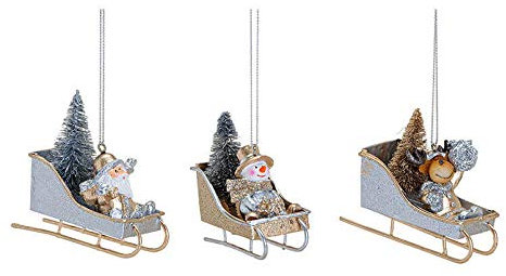 Wurm Weihnachtsfiguren Nikolaus, Schneemann, Elch im Metall Schlitten aus Polyresin Silber Gold bunt 3-Fach (B/H/T) 9x8x4cm