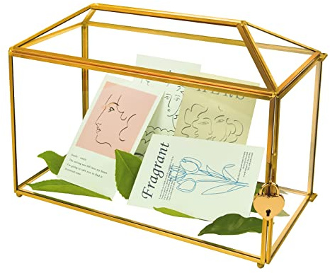YIMORENCE V Gold Hochzeit Glas Kartenbox - 32.0 cm Groß Hochzeitskartenhalter Handgefertigtes Gold Glas Terrarium mit Schlitz und Herzschloss